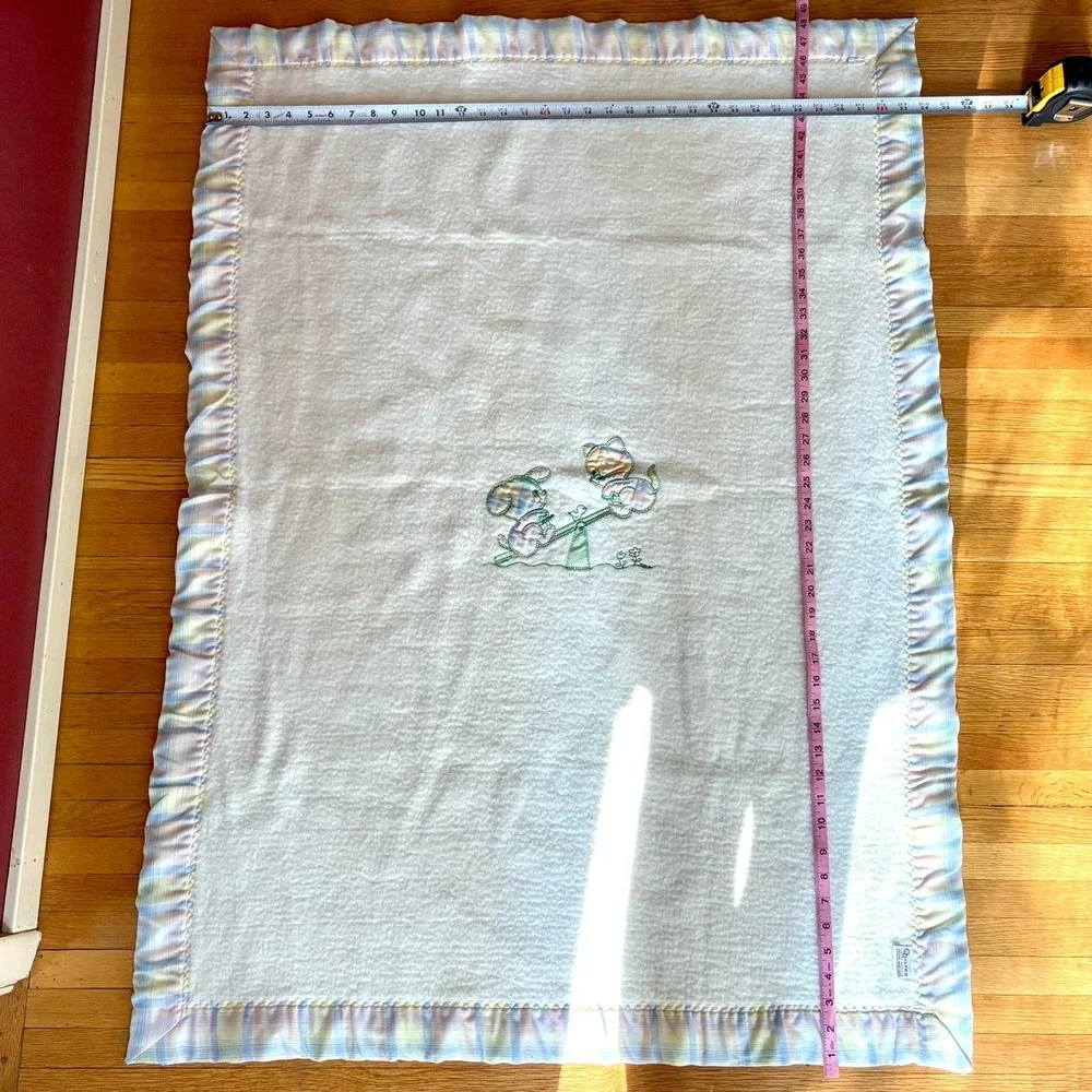 Vintage Quiltex Baby Blanket Pastel Plaid Puppy Kitten Seesaw White Union USA